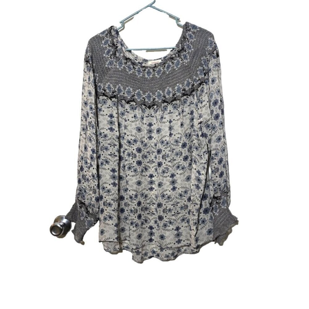 Sundance Silk Blouse Sz L Floral Smocked Peasant Boho Flowy Thin Pullover Ruffle